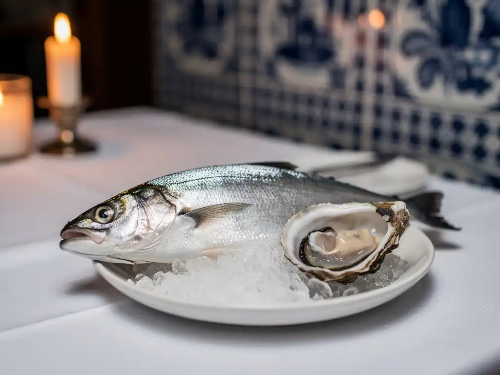 Silver fish on crushed ice beside an opened oyster shell, candlelight highlighting iridescent scales in an Amsterdam brasserie.
