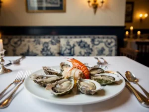 Glanzenде oesters en gepocheerde kreeft op wit porselein, geserveerd in een elegante Amsterdamse brasserie met kaarslicht en blauw-wit tegelwerk.