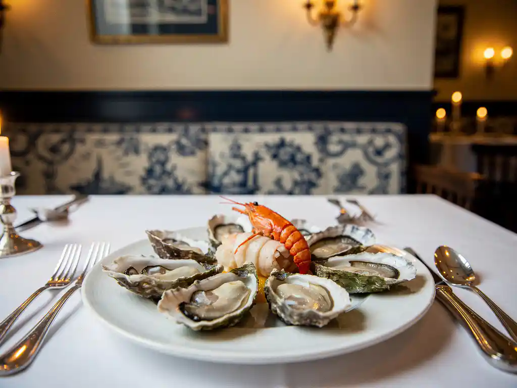Glanzenде oesters en gepocheerde kreeft op wit porselein, geserveerd in een elegante Amsterdamse brasserie met kaarslicht en blauw-wit tegelwerk.