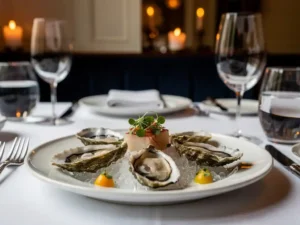 Glanzende oesters en vis op wit porselein in een elegante Amsterdamse brasserie, bij kaarslicht op linnen tafelkleed.