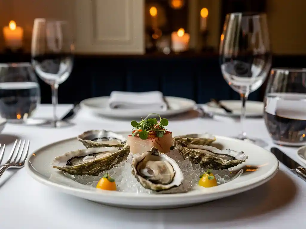 Glanzende oesters en vis op wit porselein in een elegante Amsterdamse brasserie, bij kaarslicht op linnen tafelkleed.