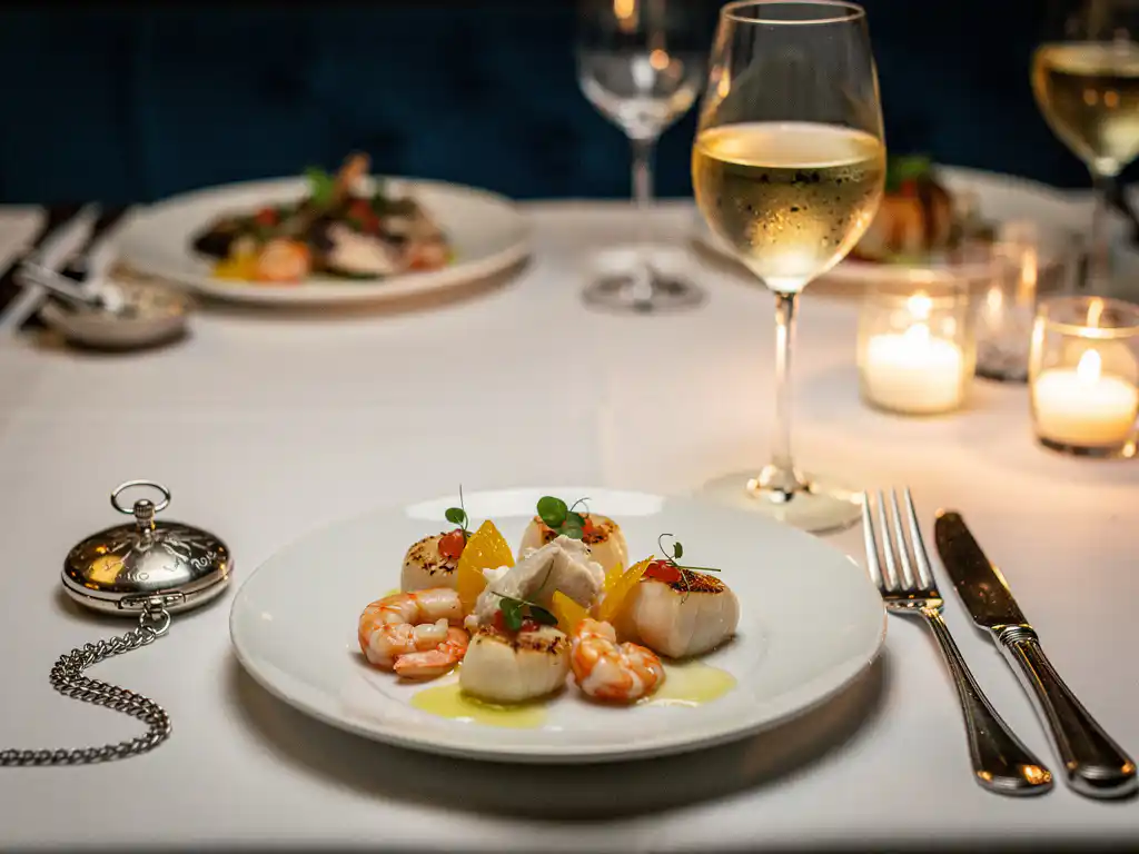 Elegantly plated seafood course on white tablecloth beside a silver pocket watch, candlelight reflecting off polished cutlery at Amsterdam fine dining.