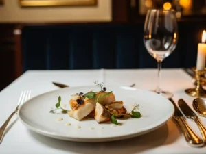 Elegantly plated seafood dish with microgreens and sauce brushstrokes on white fine dining plate, candlelit Amsterdam restaurant ambiance.