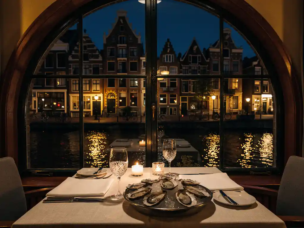 Kaarslicht fijne dinertafel met kristallen glazen en verse oesters op ijs, met uitzicht op Amsterdams verlicht gracht bij schemering.
