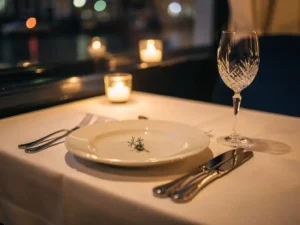 Gedekte tafel in een elegant Amsterdams seafoodrestaurant met wit bord, zilver bestek en kristallen wijnglas bij kaarslicht.