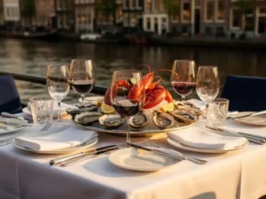Gedekte tafel op een Amsterdams terras aan de gracht met zeevruchtenplateau van oesters en kreeft, witte linnen en gouden middaglicht.