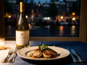 Chilled white wine bottle beside a plated scallop dish with fresh herbs, Amsterdam canal window blurred behind a candlelit restaurant table.