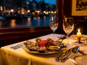 Bord met oesters en kreeft op wit linnen tafelkleed, kaarslicht weerspiegeld in kristallen glazen, Amsterdams grachtenzicht bij schemering.