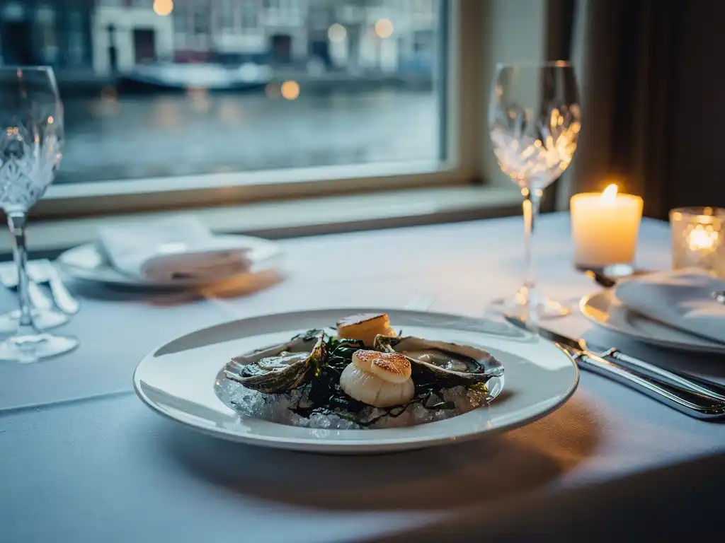 Verse coquilles en oesters op wit bord bij kaarslicht, met uitzicht op Amsterdamse gracht op de achtergrond.