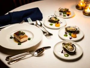 Elegant fine dining tafel met oesterschotel en meerdere gangen, marineblauw linnen servetten en kaarslicht op gepolijst zilverwerk.
