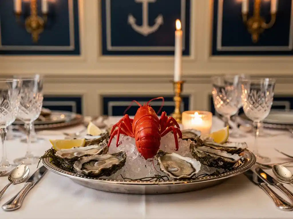 Silver platter of shucked oysters and whole lobster centerpiece on white linen, surrounded by crystal glasses and silverware in candlelit maritime dining setting.