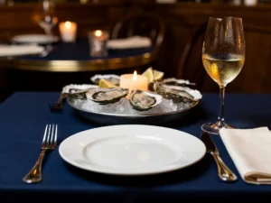 Gedekte tafel in Amsterdams brasserie met verse oesters op crushed ice, zilveren bestek, wit bord en glas witte wijn bij kaarslicht.