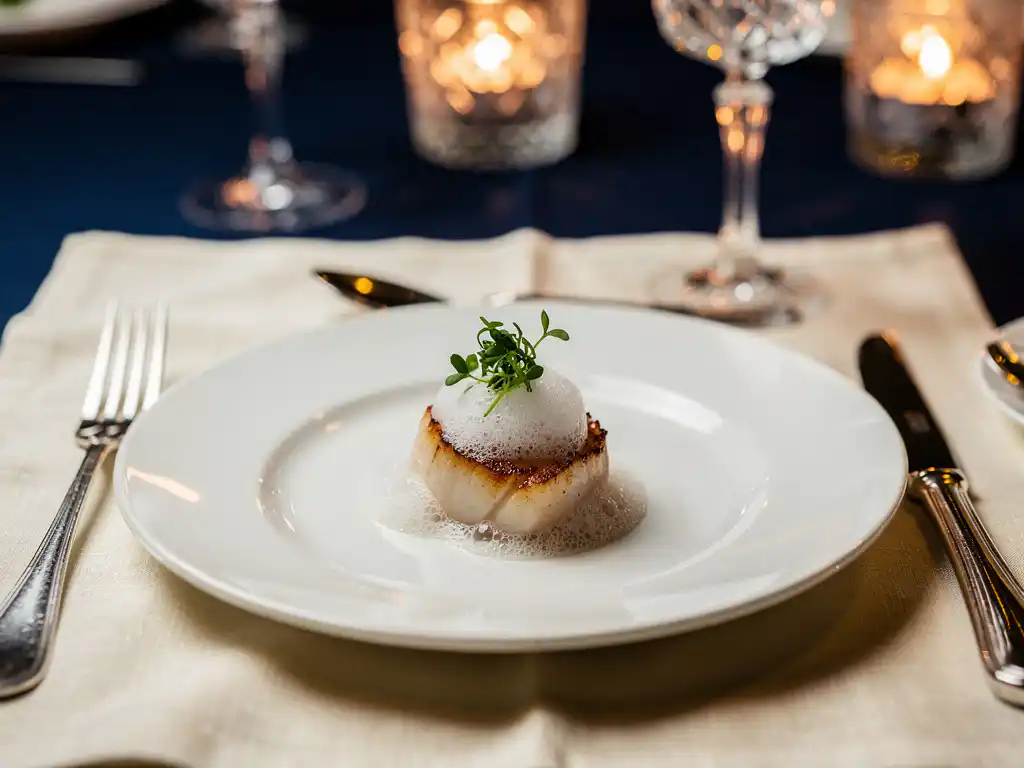 Goudbruin aangebraden sint-jakobsschelp met delicaat schuim en microgreens op wit porselein, omringd door zilveren bestek en kaarslicht.