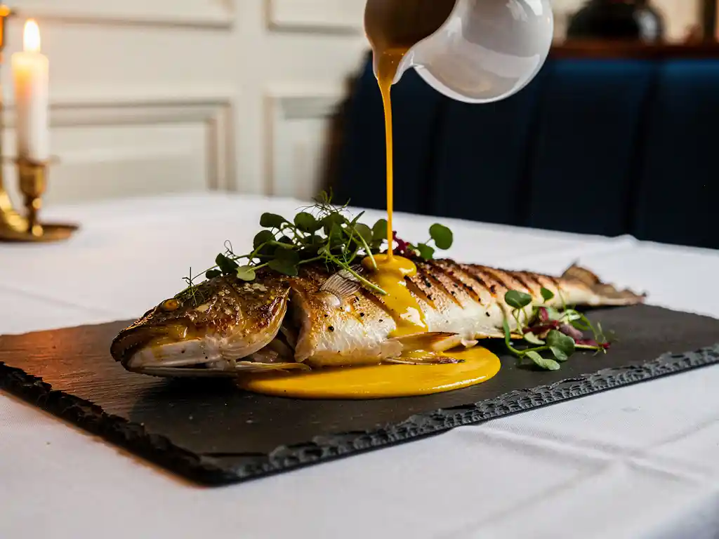 Geroosterde tarbot op leisteen bord met microgreens en saffraan bisque, geserveerd bij kaarslicht in Amsterdams brasserie.
