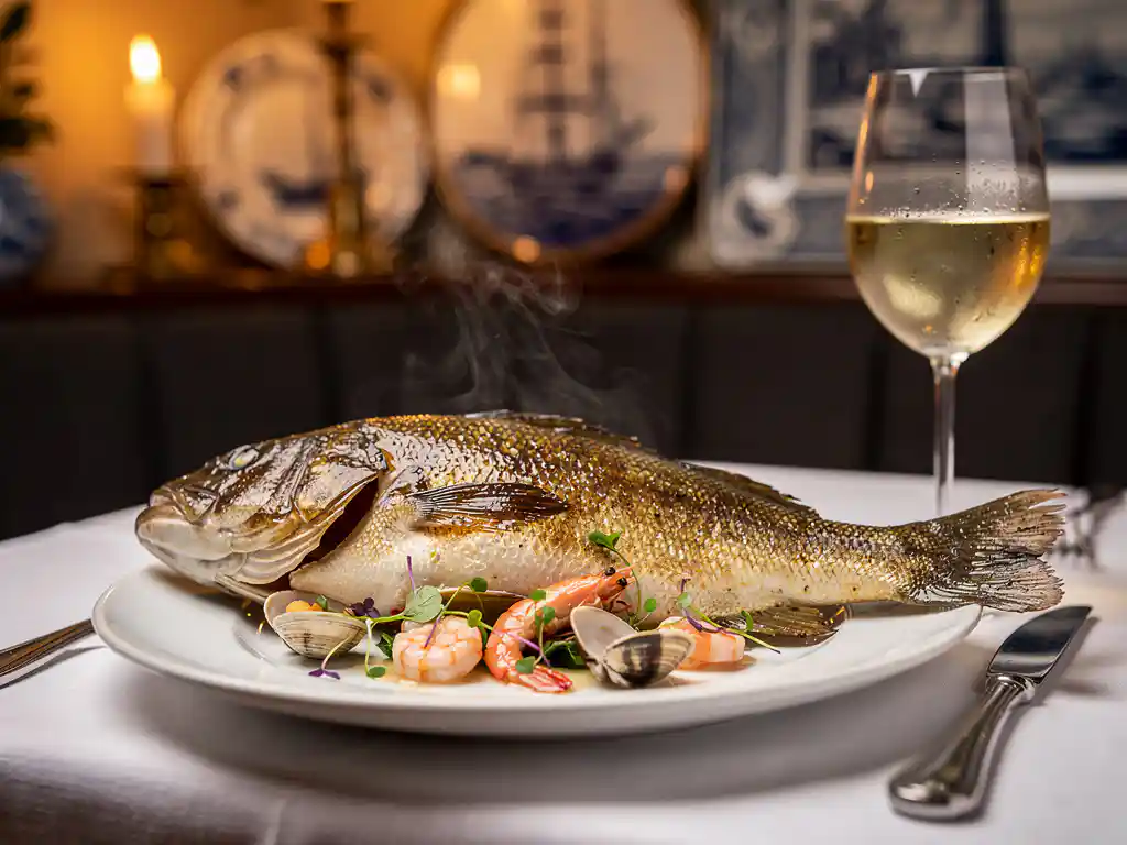 Geroosterde hele vis op wit porselein met zeevruchten, witte wijn en kaarslicht in een Amsterdams brasserie.