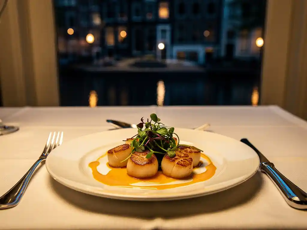 Gesauteerde coquilles met microgreens en safraanreductie op wit bord, kaarslicht en Amsterdams grachtenzicht op de achtergrond.