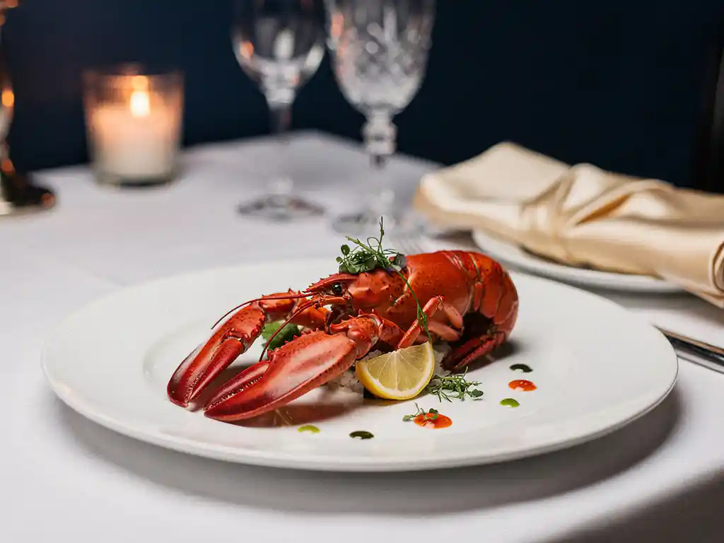 Elegant gepresenteerde hele kreeft met garnituur op wit tafellinnen, kristallen glazen en kaarslicht op de achtergrond.