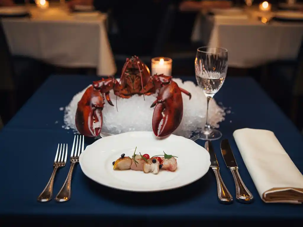 Verse hele kreeft op crushed ice naast een elegant porseleinen bord in een luxe restaurant met kaarslicht.