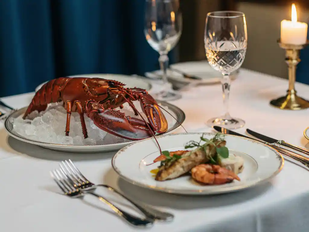 Verse hele kreeft op crushed ice naast een elegant zeevruchtenbord, fijn porselein en kristallen glazen bij kaarslicht.
