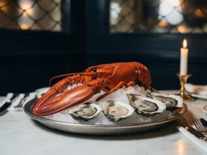 Hele gekookte kreeft op crushed ice naast vers geschilde oesters op wit marmer in een kaarsverlicht Amsterdams brasserie.