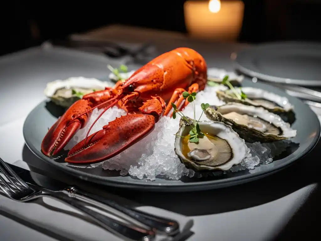 Hele gekookte kreeft op crushed ice naast verse oesters, met kruidengarnituur op een leistenen bord in fine dining setting.
