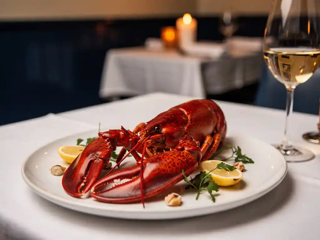 Hele gekookte kreeft op wit keramisch bord met zeevruchten garnering en glas witte wijn bij kaarslicht in elegant Nederlands restaurant.