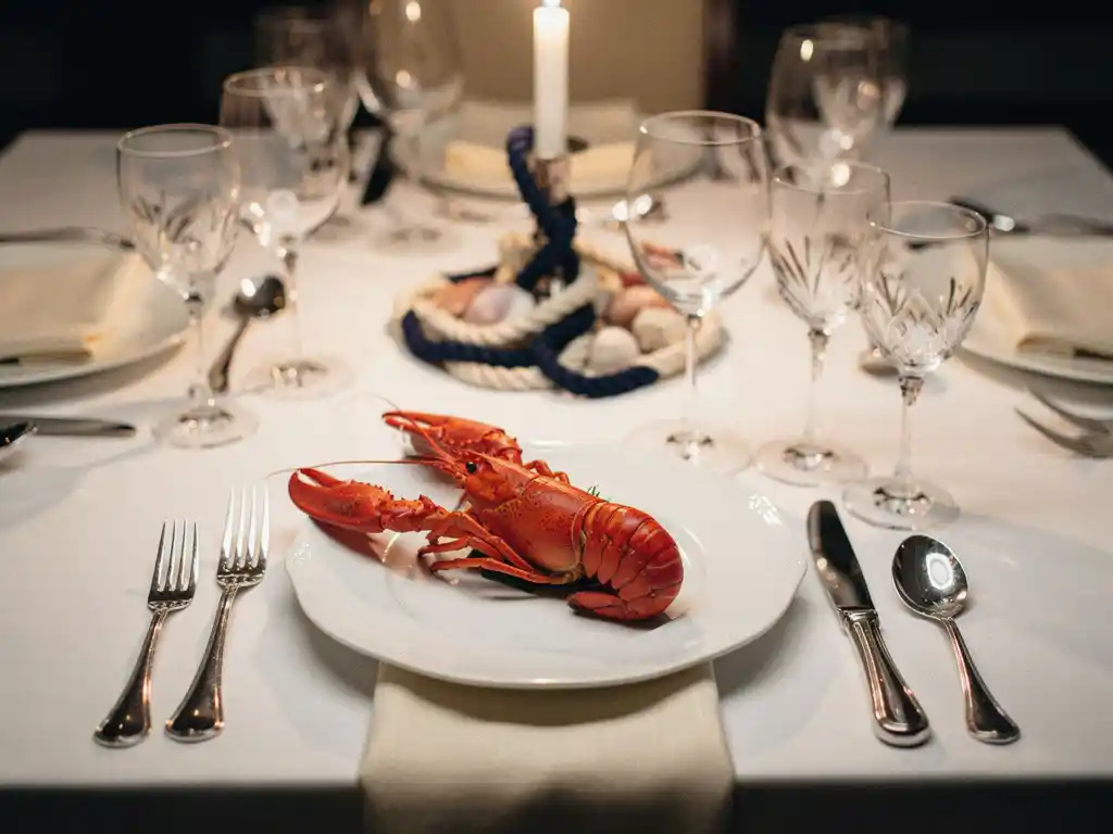 Gedekte fine dining tafel met een hele kreeft op porseleinen bord, zilverwerk, linnen servet en kaarslicht in marineblauw en ivoor tinten.