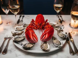 Hele gekookte kreeft als middelpunt op wit marmeren tafel, omringd door oesters op crushed ice en kristallen wijnglazen bij kaarslicht.