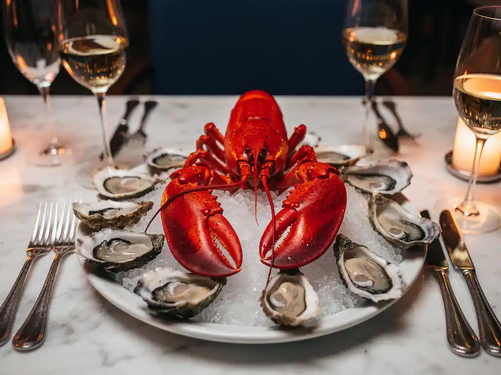Hele gekookte kreeft als middelpunt op wit marmeren tafel, omringd door oesters op crushed ice en kristallen wijnglazen bij kaarslicht.