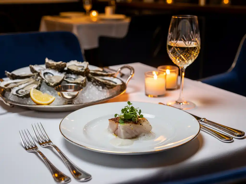 Elegant zeevruchtenbord op wit bord met oesters op crushed ice, kristallen wijnglas en zilveren bestek bij kaarslicht in Amsterdams restaurant.
