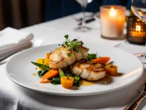 Elegant fine dining zeevruchtengerecht met microgroenten en kleurrijke groenten op wit bord, verlicht door kaarslicht.