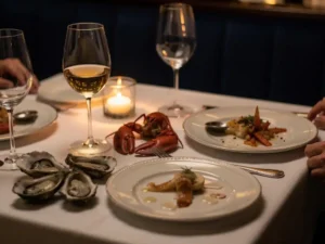 Halfgegeten zeevruchtenmaaltijd met oesterschelpen en kreeftenschaar op wit linnen tafelkleed, kaarslicht en wijnglazen in Amsterdams restaurant.