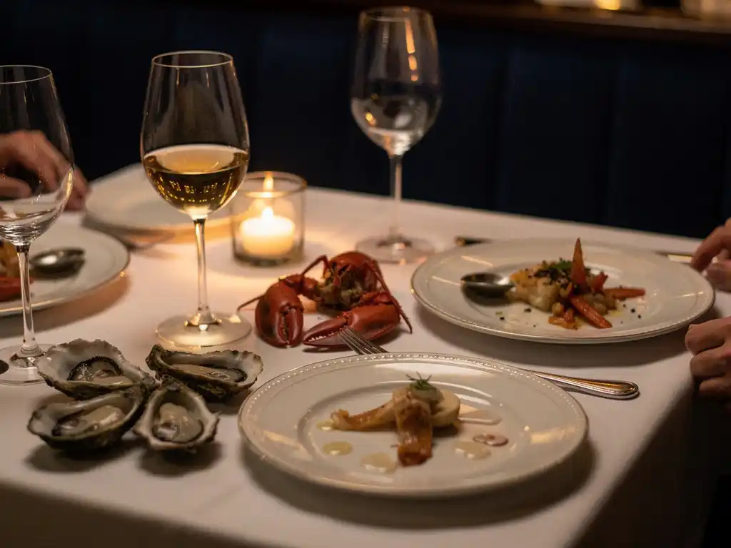 Halfgegeten zeevruchtenmaaltijd met oesterschelpen en kreeftenschaar op wit linnen tafelkleed, kaarslicht en wijnglazen in Amsterdams restaurant.