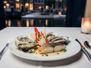 Verfijnd zeevruchtengerecht met oesters, kreeft en seizoensvis op wit porselein, kaarslicht en Amsterdams grachtenraam op achtergrond.