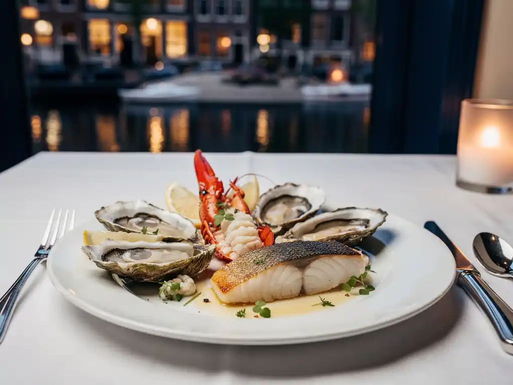 Verfijnd zeevruchtengerecht met oesters, kreeft en seizoensvis op wit porselein, kaarslicht en Amsterdams grachtenraam op achtergrond.
