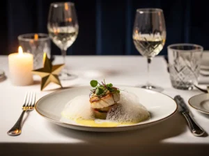 Michelin-ster naast een verfijnd zeevruchtenbord met schuimsaus en microgreens, zilveren bestek en kristallen glas in kaarslicht.