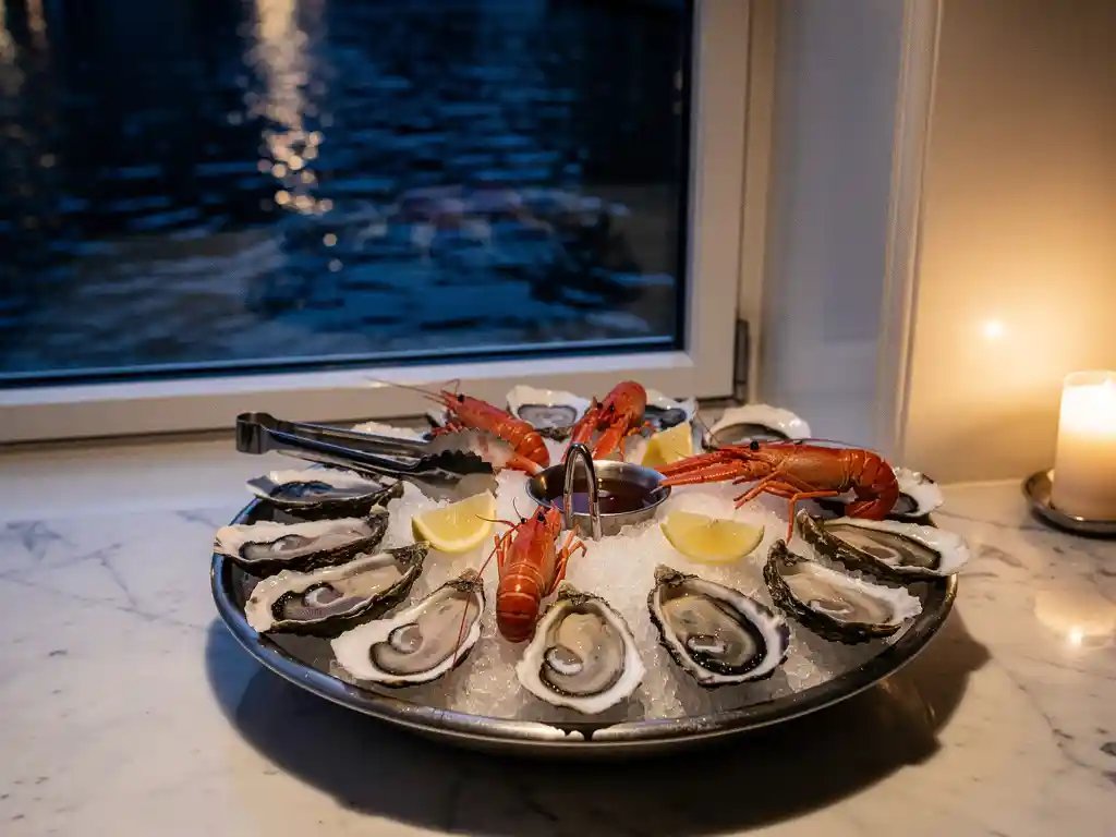 Vers geschilde oesters en langoustines op crushed ice, geserveerd op wit marmer bij een Amsterdams grachtraam in zacht avondlicht.