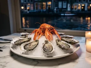 Plateau van verse oesters en langoustines op crushed ice, geserveerd in een Amsterdams canalside restaurant bij kaarslicht.