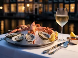Plateau van verse oesters en langoustines op crushed ice, geserveerd bij kaarslicht in een Amsterdams grachtenpand.