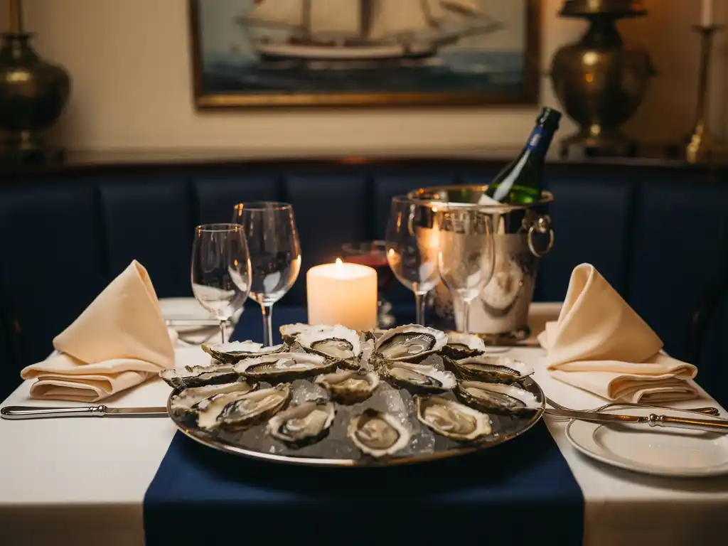Romantisch gedekte restauranttafel voor twee met verse oesters op crushed ice en gekoelde witte wijn bij kaarslicht.