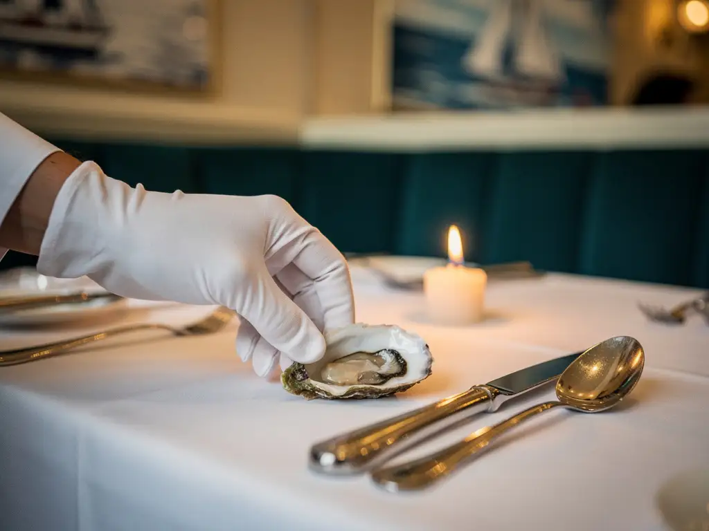 White-gloved waiter placing a fresh oyster on a candlelit, linen-set table in an elegant Amsterdam seafood restaurant.