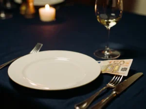 Gevouwen eurobiljet naast zilveren bestek op donker linnen tafelkleed, met wijnglas en kaars op de achtergrond in een intiem fine dining restaurant.