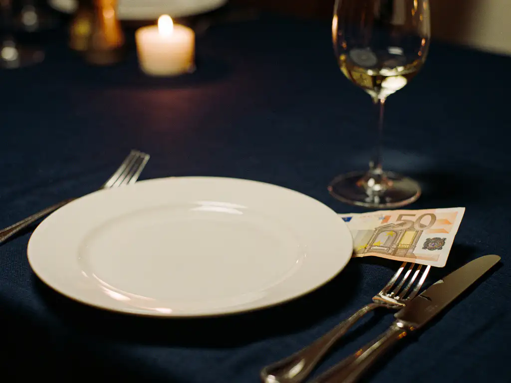 Gevouwen eurobiljet naast zilveren bestek op donker linnen tafelkleed, met wijnglas en kaars op de achtergrond in een intiem fine dining restaurant.