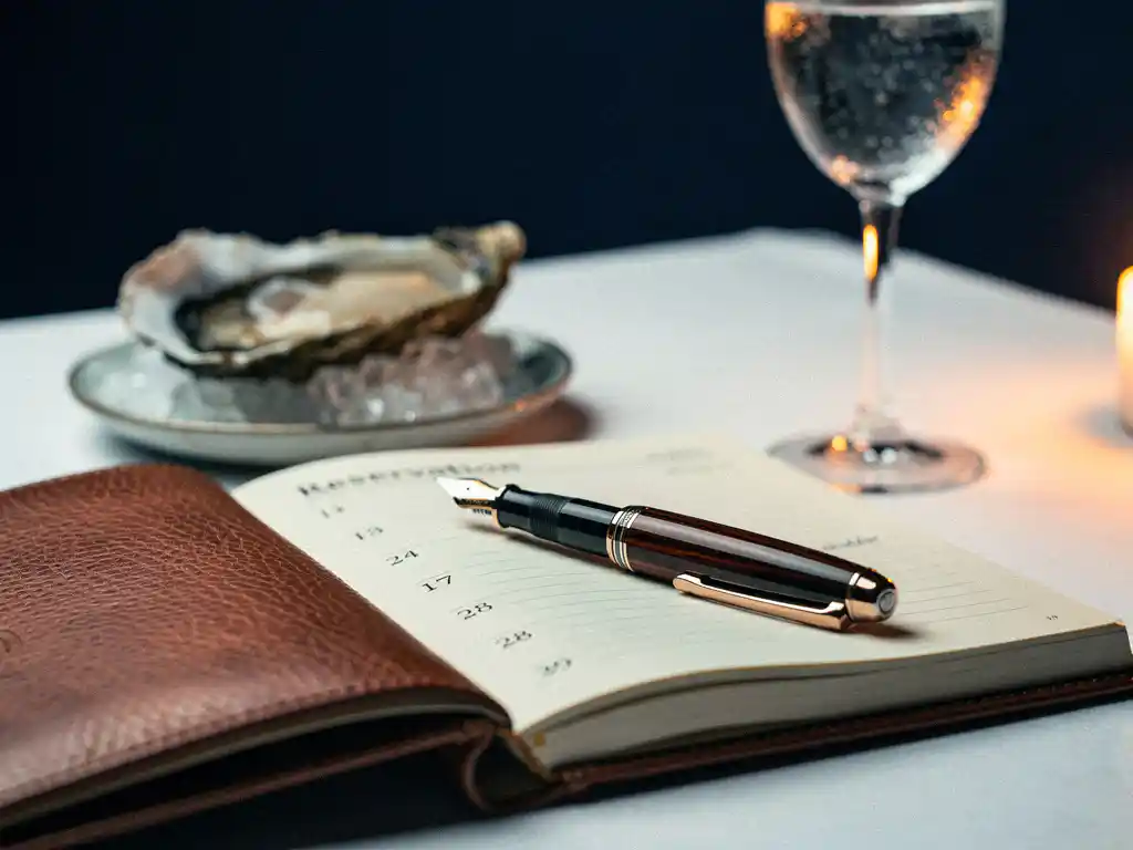 Opengeslagen leren reserveringsagenda met vulpen op wit tafelkleed, oester op ijs en wijnglas op de achtergrond, kaarslicht.