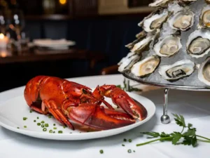 Whole roasted lobster on white ceramic plate beside shucked oysters on crushed ice, herb garnish, candlelit Amsterdam brasserie.