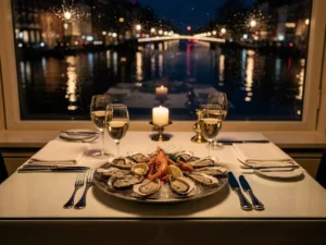 Romantisch diner voor twee bij een regenachtig Amsterdams grachtenraam, met oesters, kristallen glazen en kaarslicht op linnentafelkleed.
