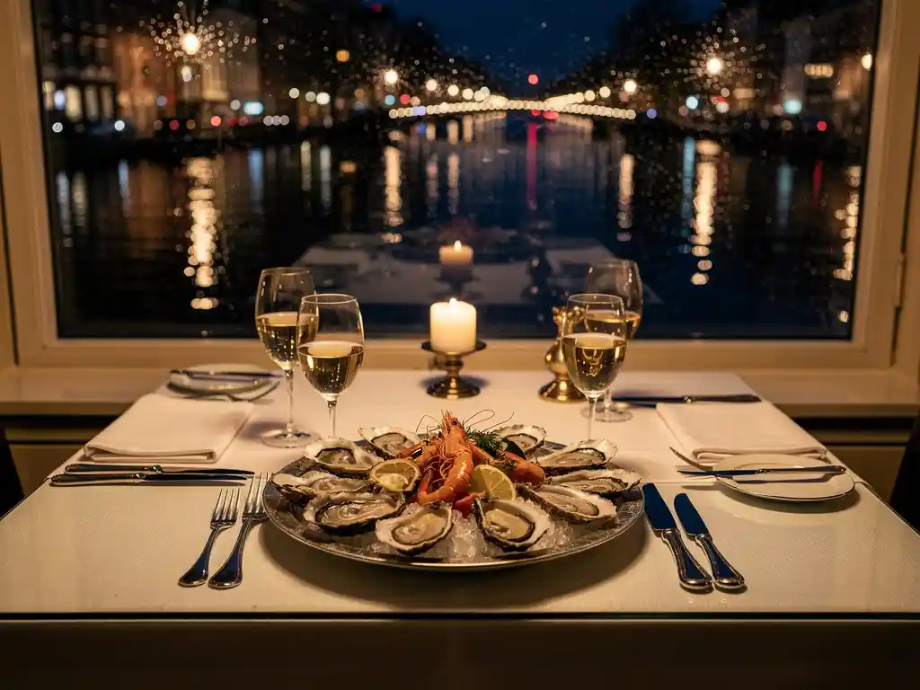 Romantisch diner voor twee bij een regenachtig Amsterdams grachtenraam, met oesters, kristallen glazen en kaarslicht op linnentafelkleed.