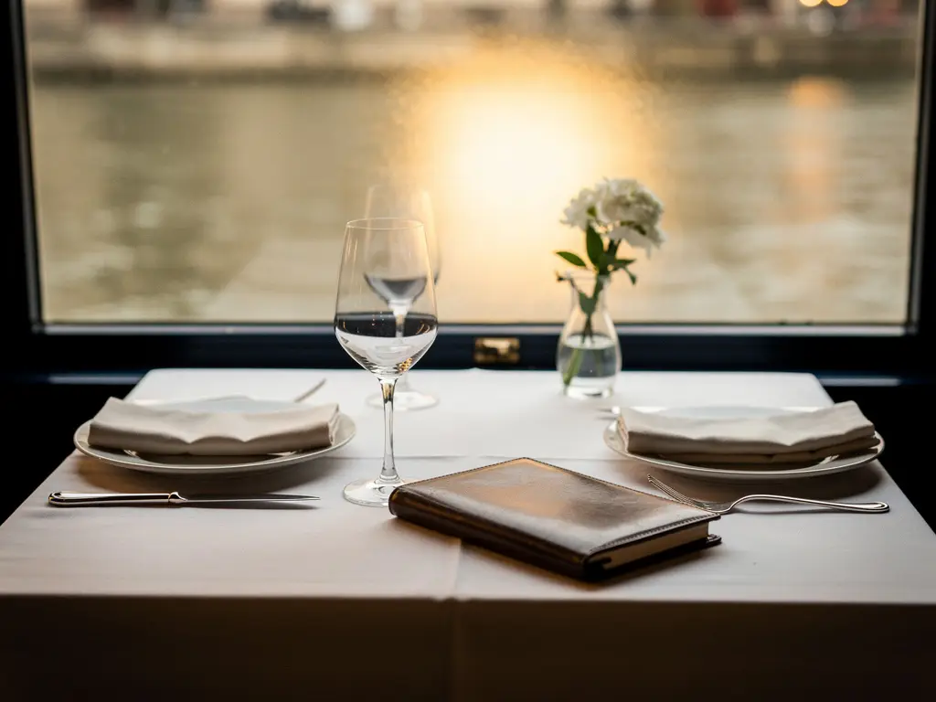 Gedekte tafel voor twee bij een kanaalgezicht, met kaarslicht, witte bloemen en een leren reserveringsboek in een intiem fine dining restaurant.