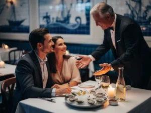 Stel dat wordt begroet door maître d' in Amsterdamse brasserie, met oesters en witte wijn op kaarslichtgedekte tafel.