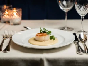 Elegant opgemaakte scallop met microgreens en bisque reductie op wit bord, zilveren bestek en kaarslicht op de achtergrond.